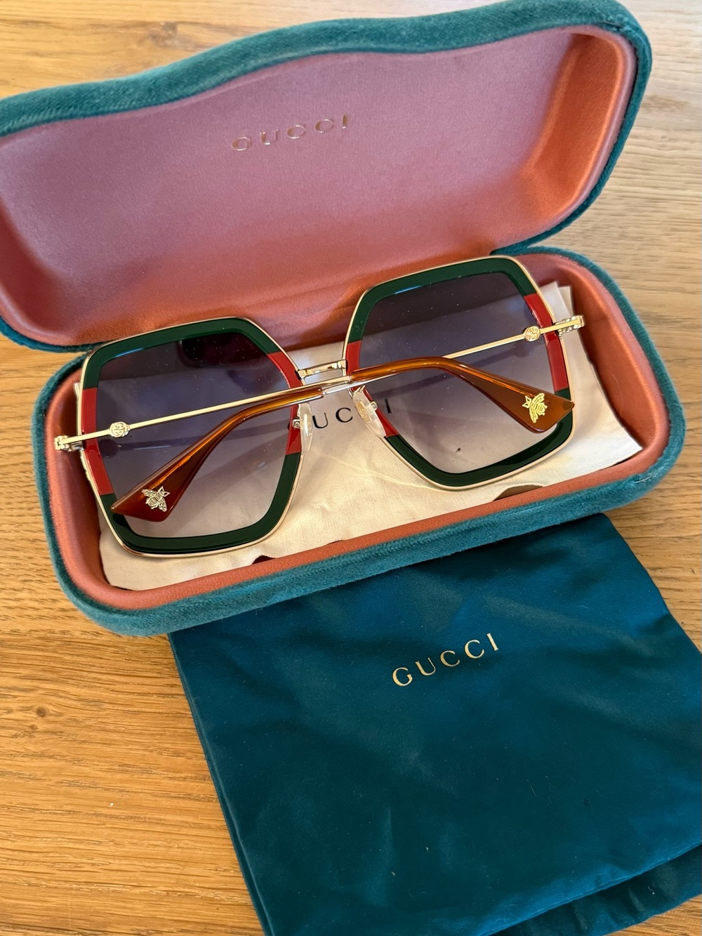 Gucci Oversized Hexagon Sunglasses in Green & Red with Gold Accents